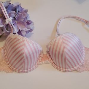 Pink/White Satin Push Up Underwire Bra - Sz 34B